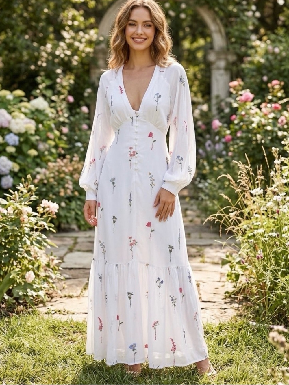 ASOS Design White Floral V-Neck Long Sleeve Maxi Dress
